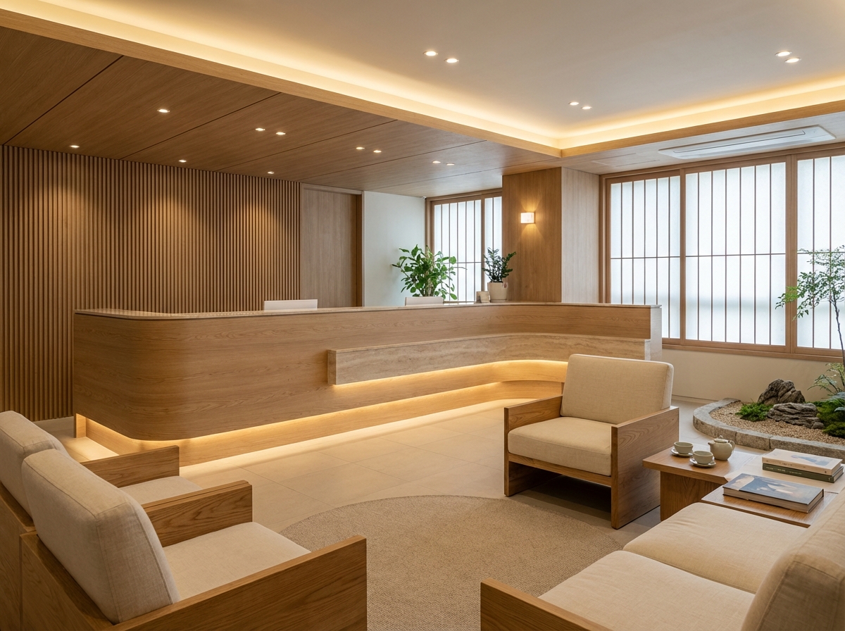 A modern and clean interior of a high-end Korean medicine clinic. Wooden accents, warm lighting, and a serene atmosphere. A reception desk and comfortable waiting area are visible, reflecting a professional and healing environment. No text. 4:3