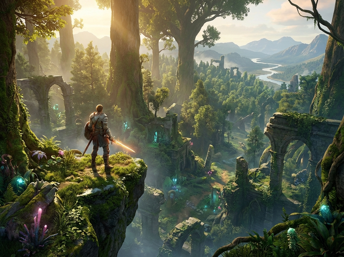 A cinematic 3D fantasy open world landscape featuring a lush mysterious forest with ancient stone ruins, vibrant natural lighting, a hero character standing on a cliff overlooking a vast valley, high-quality rendering, 4:3
