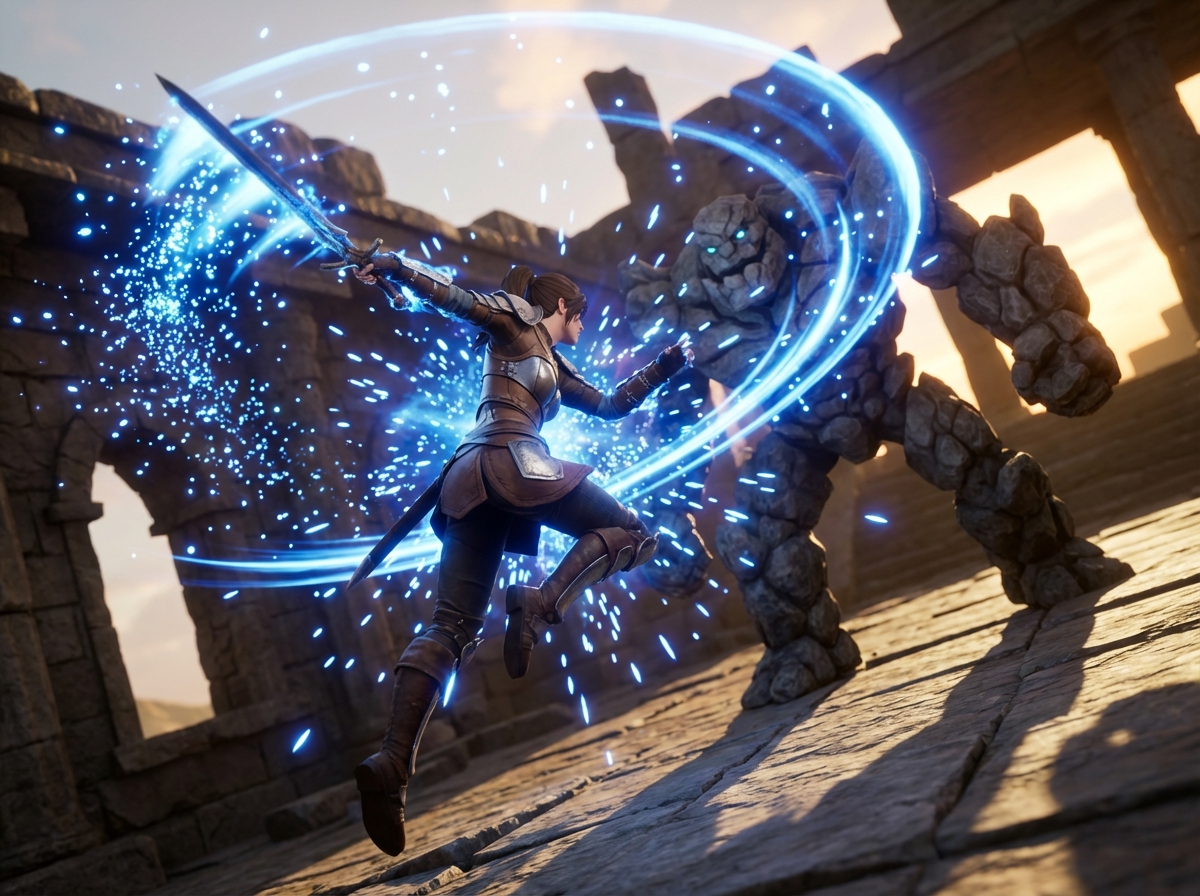 A dynamic 3D action combat scene in a fantasy world, a character performing a flashy sword skill with magical particle effects, glowing blue energy, high contrast, cinematic perspective, 4:3