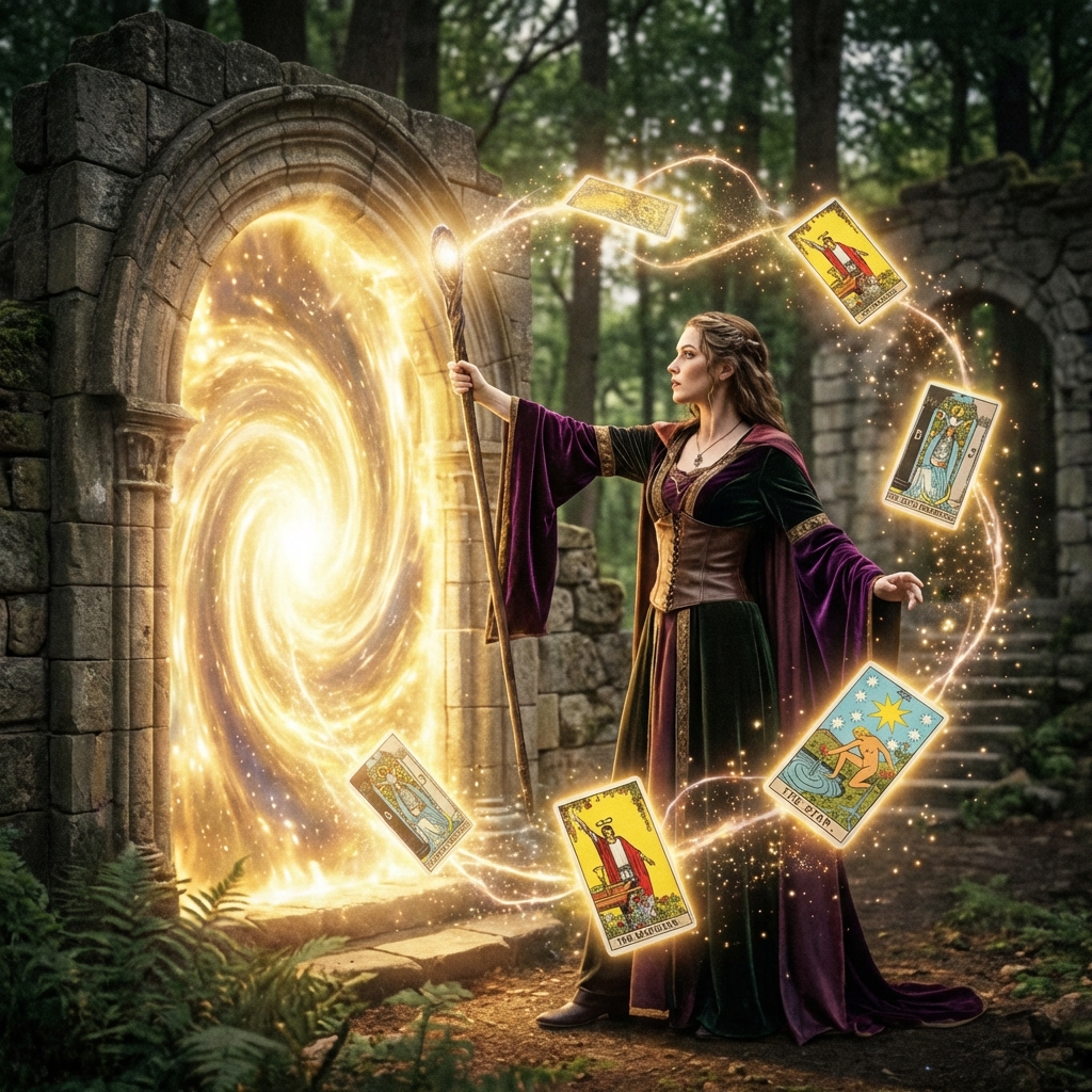 A magical character summoning scene with golden light glowing from a mystical portal, fantasy tarot cards floating in the air, sparkling dust and magical energy, 1:1