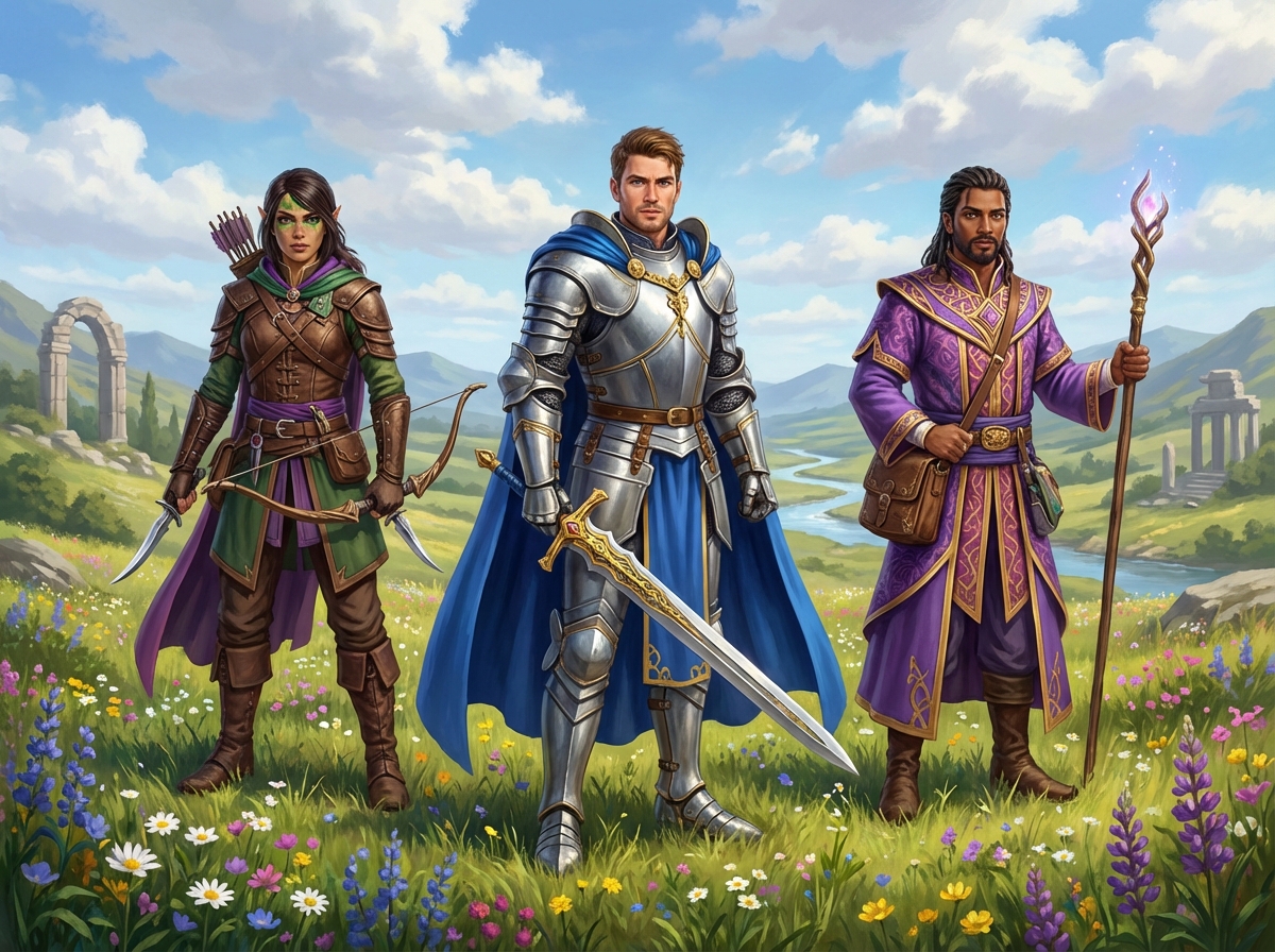 Three stylish fantasy heroes standing together in a scenic field, diverse equipment and weapons, vibrant colors, detailed character design, bright daylight, 4:3