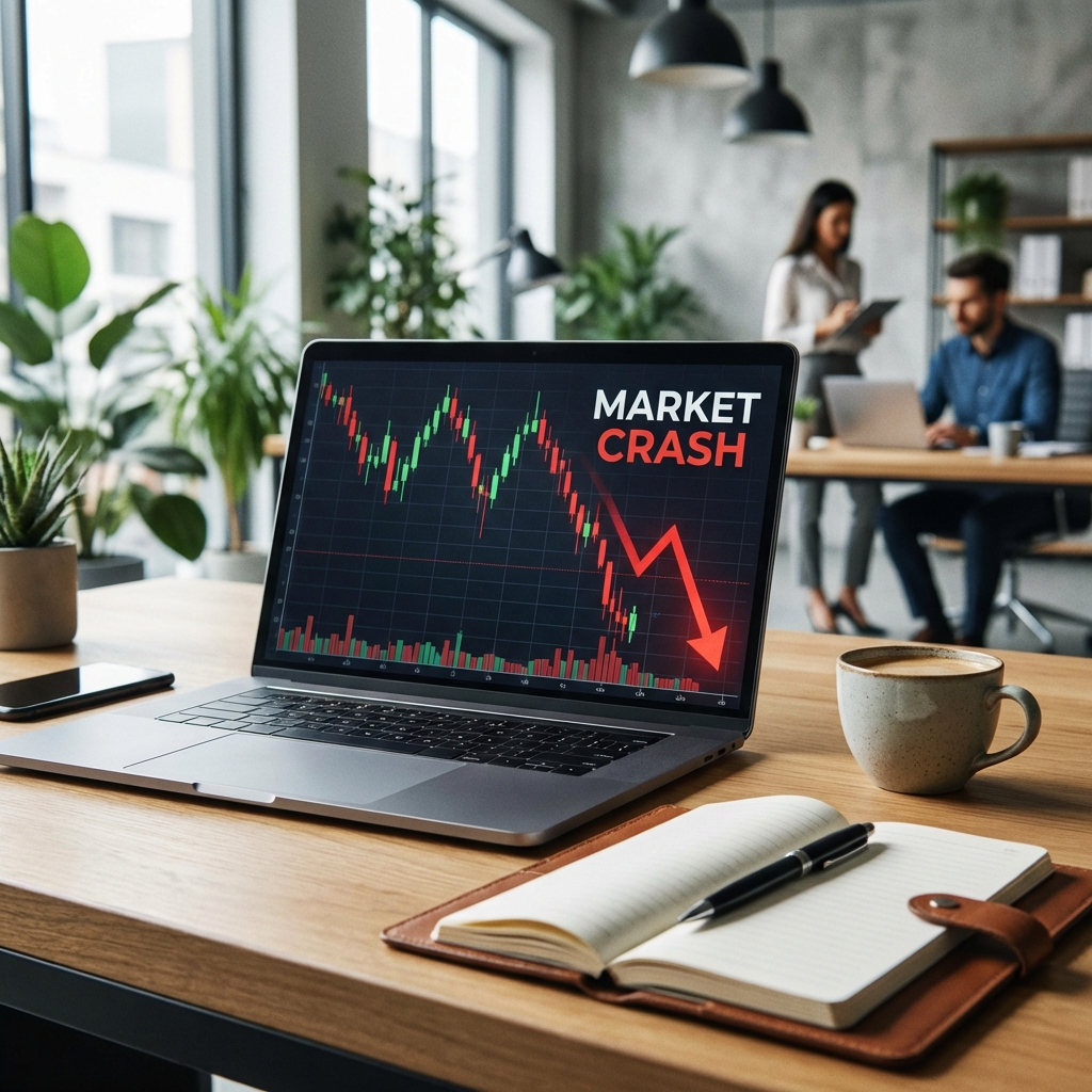 A professional business workplace with a laptop showing a stock market candlestick chart reflecting a sudden drop. A cup of coffee and a notebook are on the wooden desk. Modern office background, soft natural lighting, high quality, 1:1
