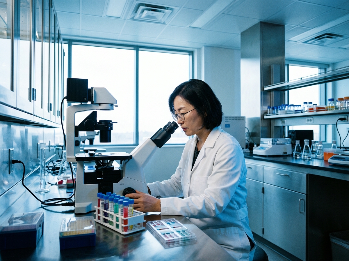 A Korean scientist in a white lab coat working with a microscope and test tubes in a high-tech medical laboratory. Clean blue and white environment, professional lighting, realistic photography style, 4:3