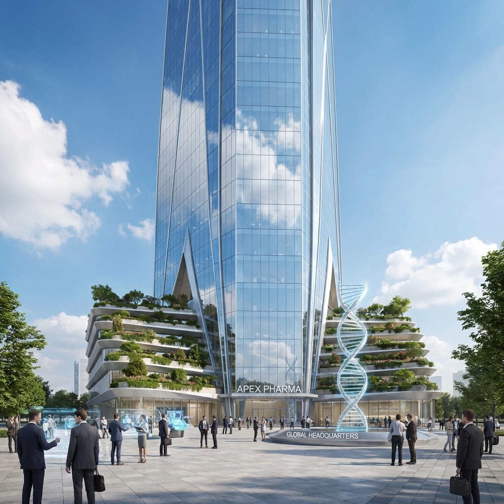 A futuristic skyscraper reflecting the blue sky, representing a global pharmaceutical headquarters. People in business suits walking in the plaza. Sharp focus, professional architectural photography, 1:1