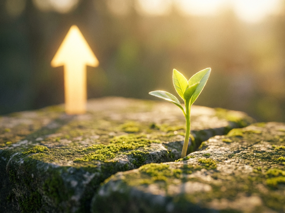 A conceptual image of a green plant sprout growing through a crack in a stone, with a subtle golden upward arrow in the background. Symbolic of growth and resilience, soft focus, warm morning light, 4:3