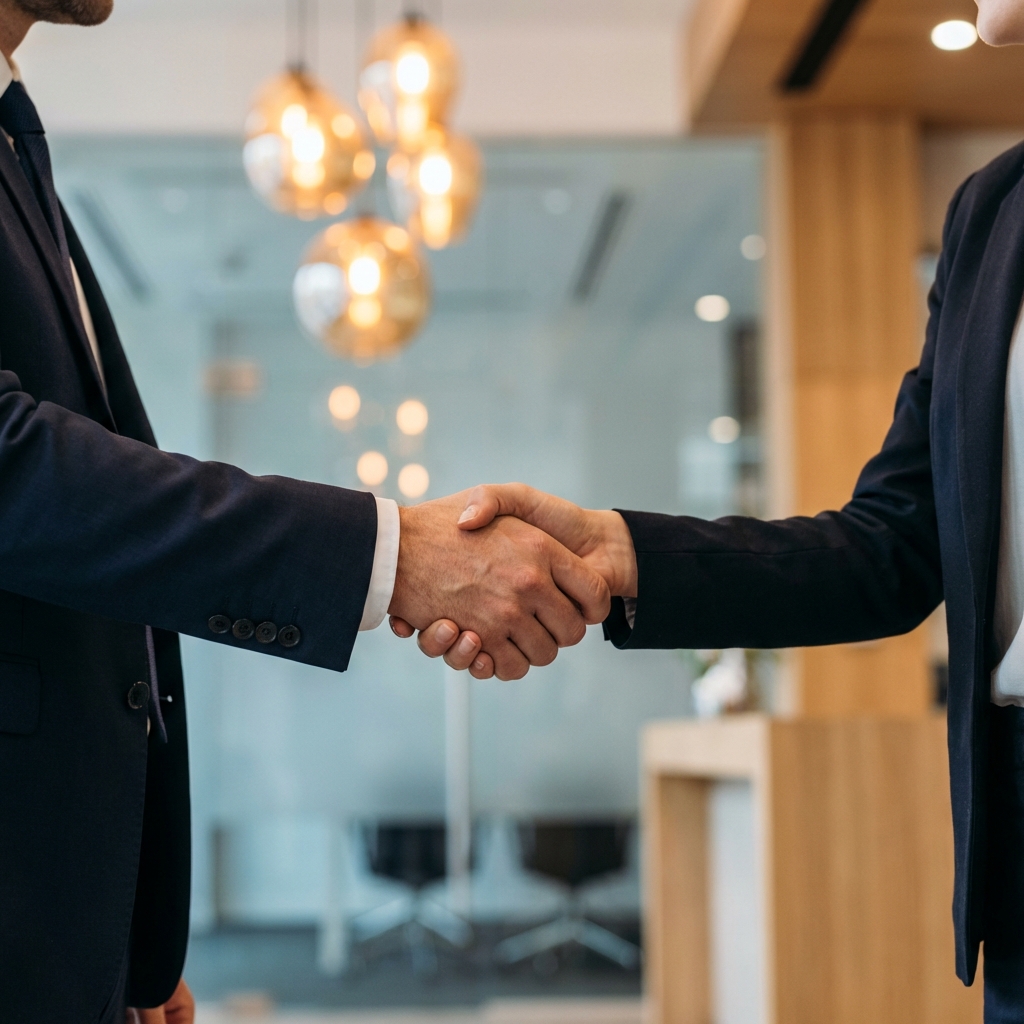 Close-up of two business partners shaking hands firmly in a modern office setting. The background is blurred with warm indoor lights. High-quality realistic photo, 1:1