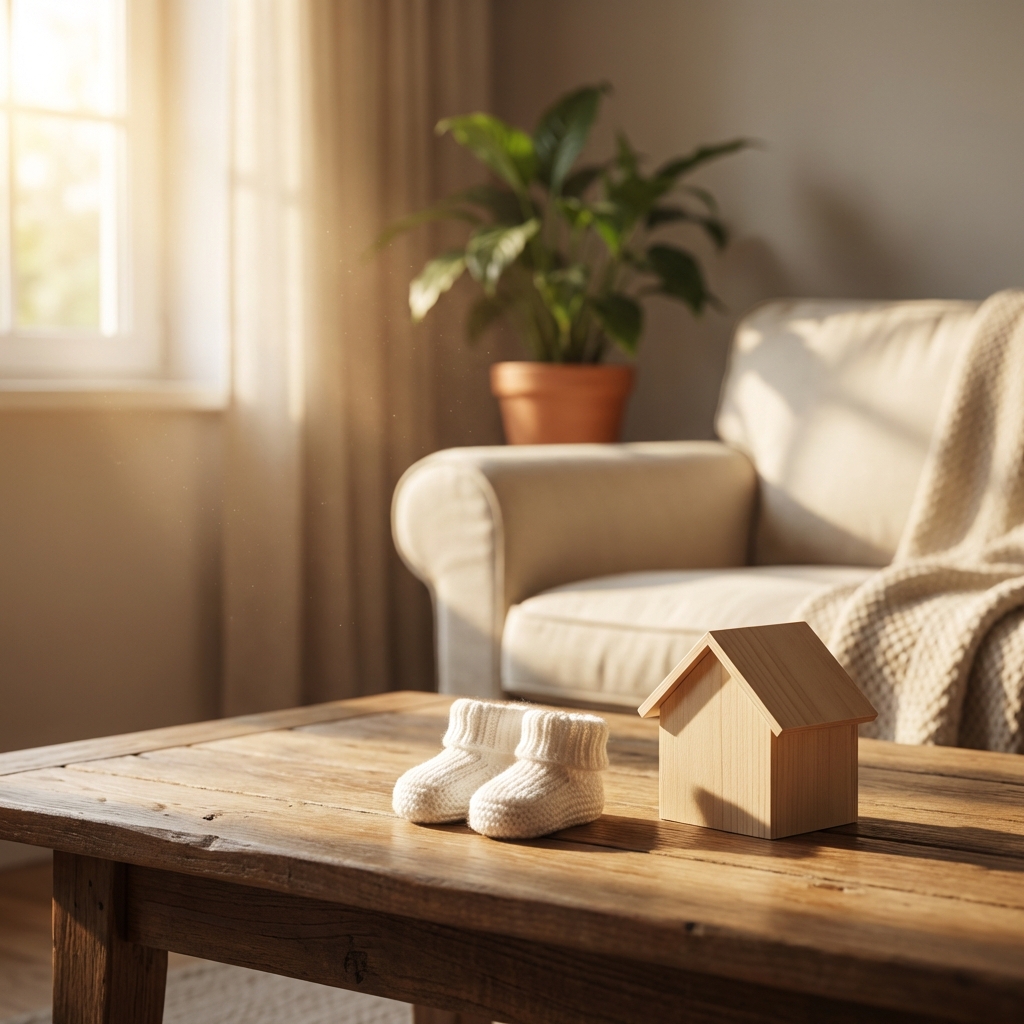 A warm and cozy living room scene with soft morning sunlight streaming through the window. In the foreground, a pair of tiny white newborn baby shoes and a small wooden model house are placed on a clean wooden coffee table. The background is slightly blurred, showing a comfortable sofa and a green plant. High contrast, modern lifestyle photography, no text. 1:1