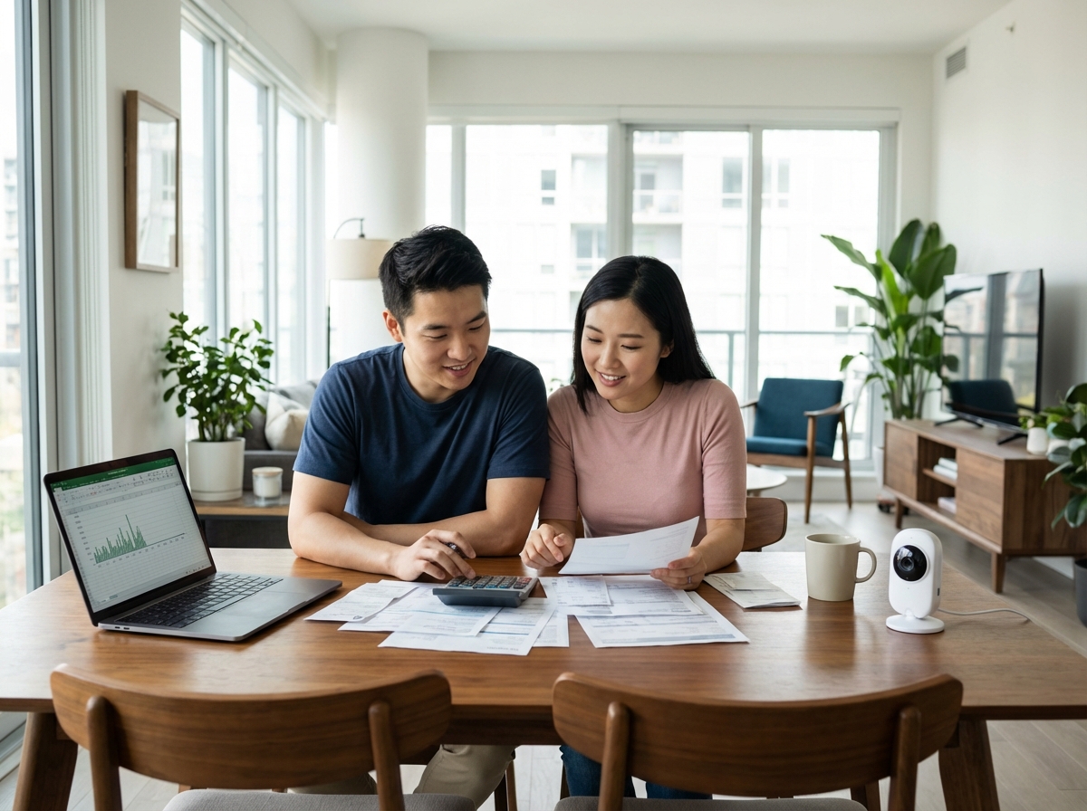 A young Korean couple sitting at a dining table, looking at financial documents and a calculator. They have serious but hopeful expressions. A laptop is open nearby, and a baby monitor is visible on the table. The room is a modern, well-lit apartment. Realistic lifestyle photography, natural lighting, no text. 4:3