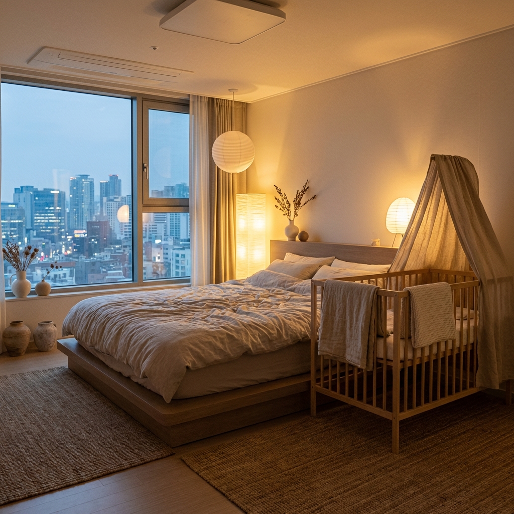 A beautifully decorated master bedroom in a modern Korean apartment, featuring a stylish baby crib next to a large bed. Soft linen textures, warm ambient lighting, and a peaceful atmosphere. A large window shows a city view at dusk. Lifestyle photography, clean and elegant composition, no text. 1:1