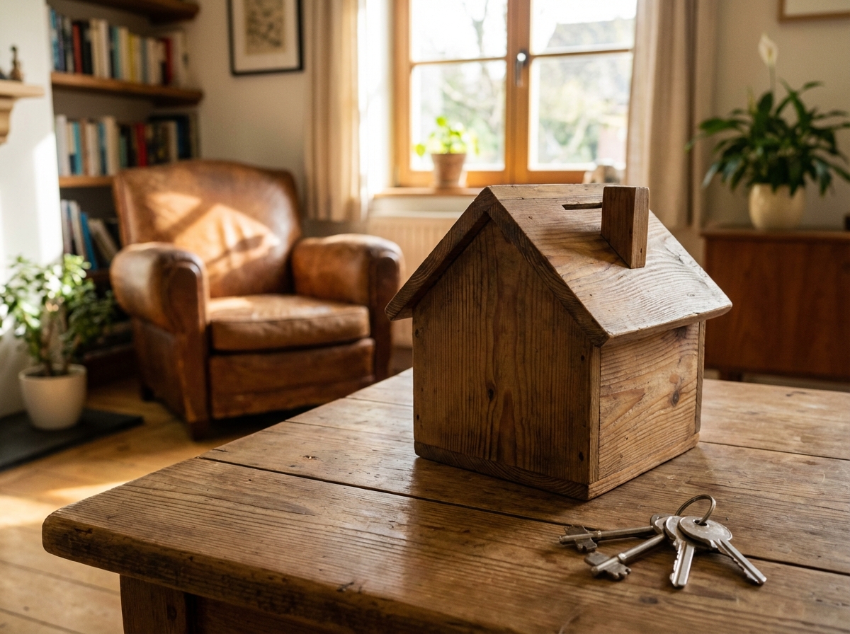 A wooden piggy bank shaped like a house sits on a rustic wooden table next to a set of silver house keys. The background shows a warm, sunlit interior of a home. The composition is detailed and focuses on the symbols of home ownership and saving. Warm tones, soft shadows, no text. 4:3