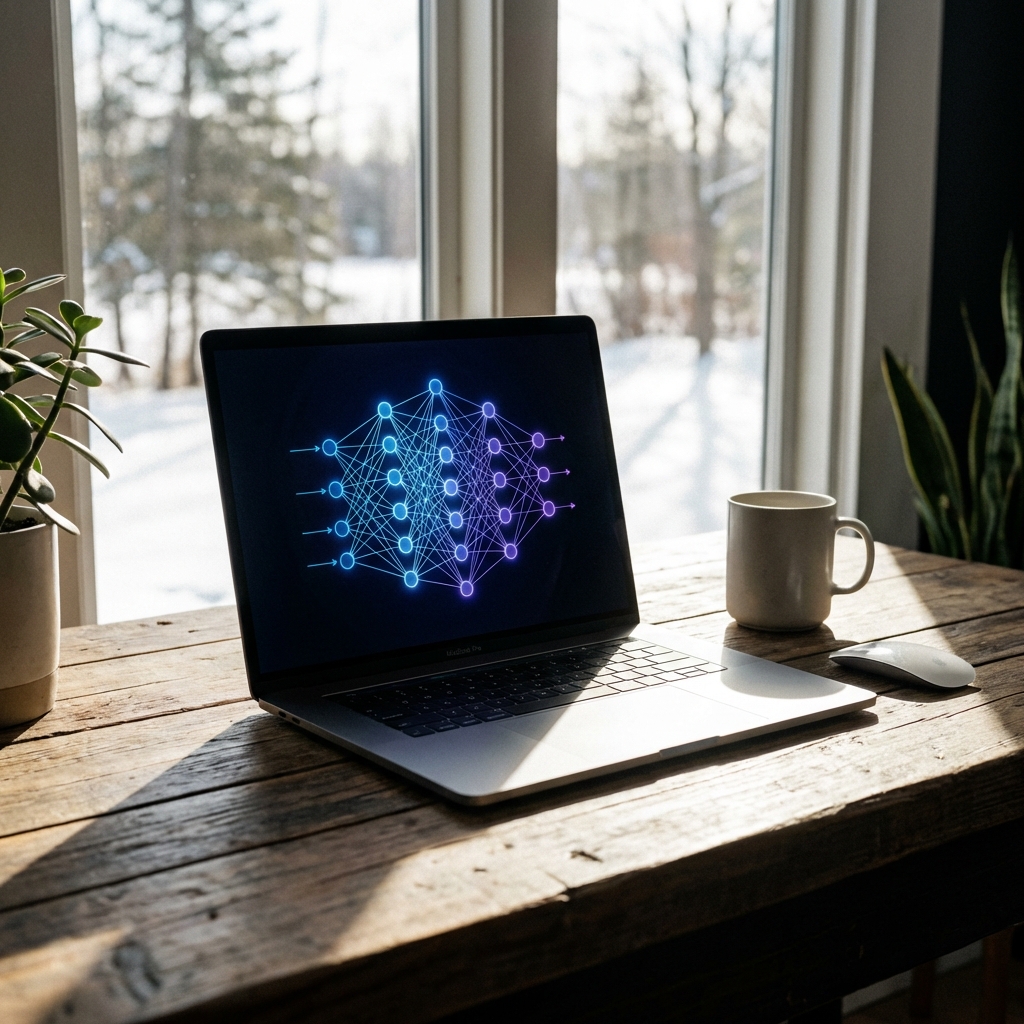 A modern and clean workspace with a laptop open on a wooden desk. The screen displays a glowing artificial intelligence neural network visualization. Soft winter sunlight flows through a window in the background. High contrast, professional photography style. 1:1