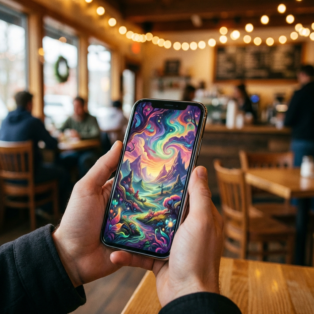 A close-up shot of a person's hands holding a modern smartphone. The screen shows a vibrant and artistic landscape painting created by AI. The background is a blurred cozy cafe with warm lighting. Realistic lifestyle photography. 1:1
