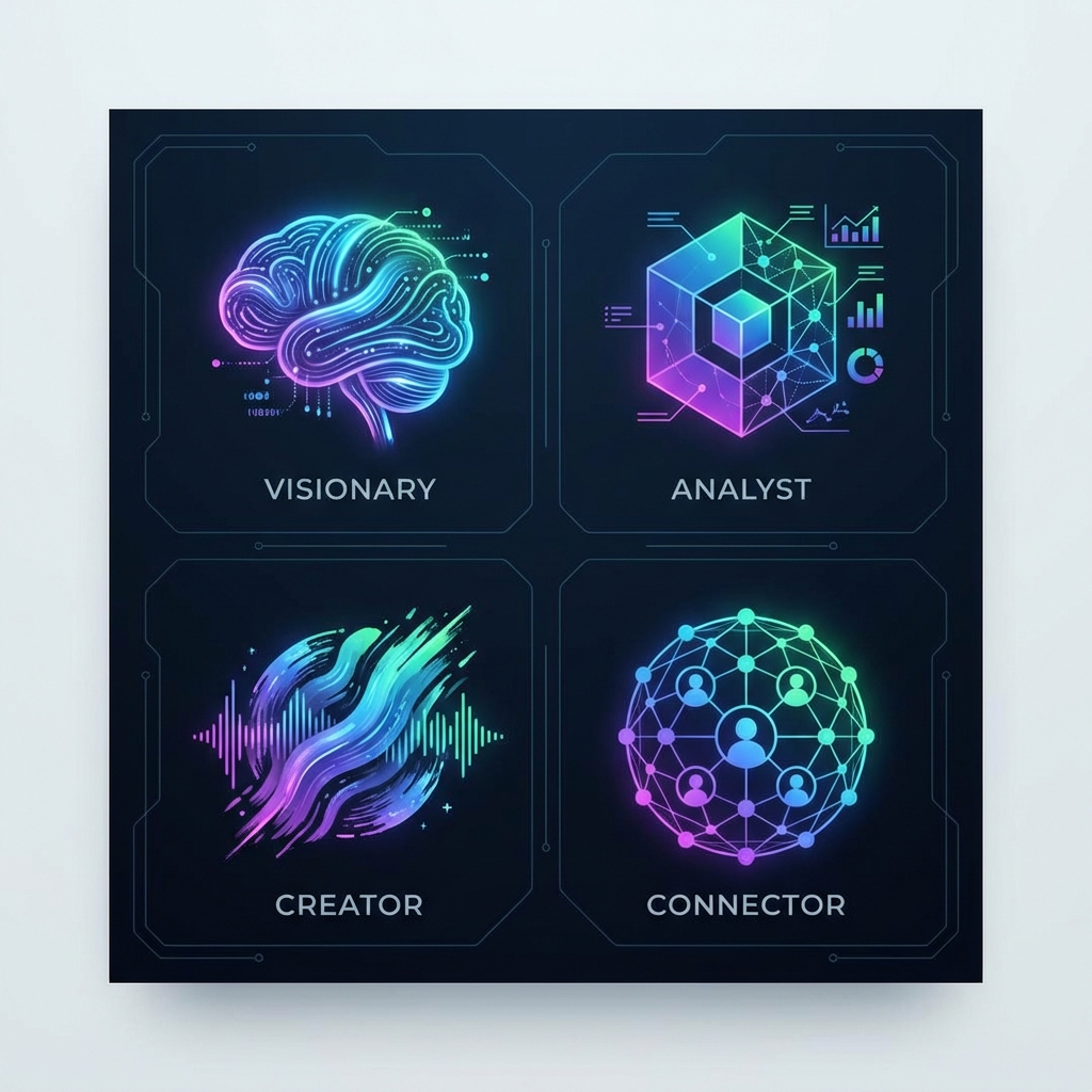 A creative and modern graphic composition showing four distinct abstract icons representing different digital personalities. Clean layout with vibrant colors like blue, purple, and green. Minimalist and high-tech feel. 1:1