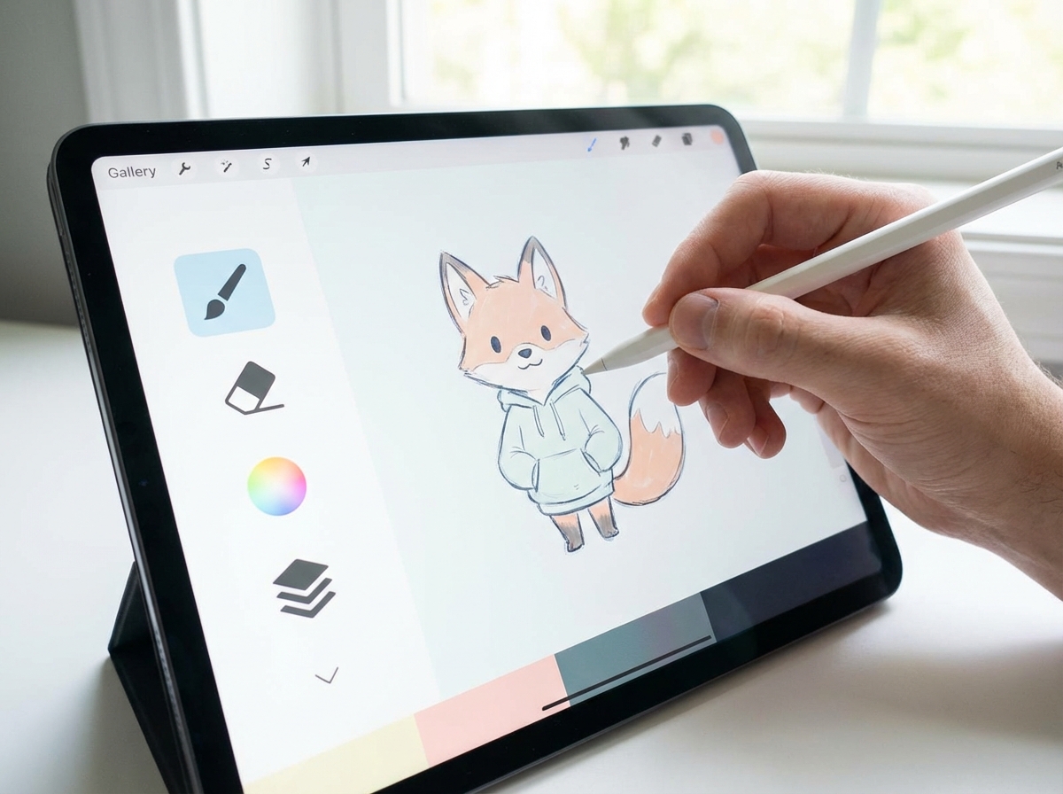 Close up of a hand using an Apple Pencil on an iPad screen. The screen displays a simplified drawing interface with large icons and a character sketch. Minimalist and clean UI design, bright lighting. 4:3
