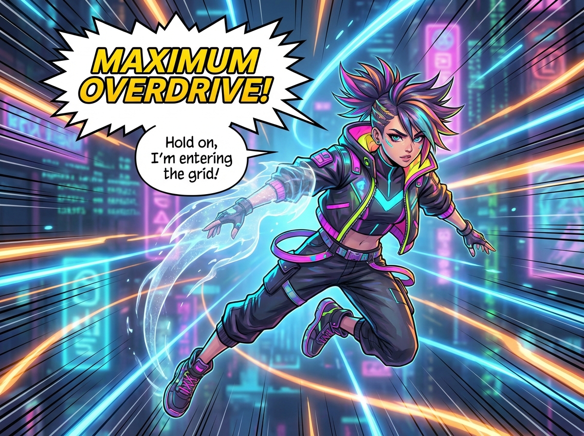 A finished digital webtoon panel featuring a stylish character with vibrant colors. Glowing light effects, speed lines, and speech bubbles are integrated. High resolution, professional comic art style. 4:3