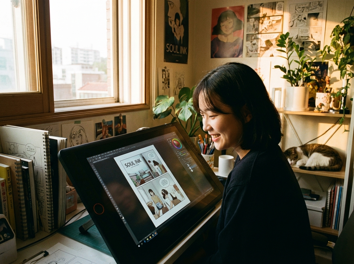 A young Korean artist smiling while looking at a completed webtoon page on a large graphic tablet. Soft sunset light coming through a window, creative and inspiring office environment. 4:3