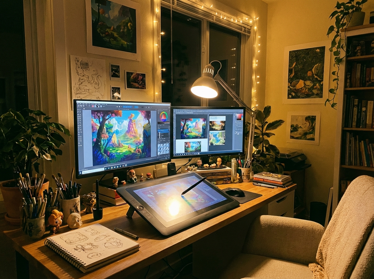 A professional digital artist's workspace with a dual monitor setup. One screen shows the Krita software interface with a colorful digital painting in progress. The room has warm ambient lighting, a drawing tablet, and artistic tools on the desk. 4:3