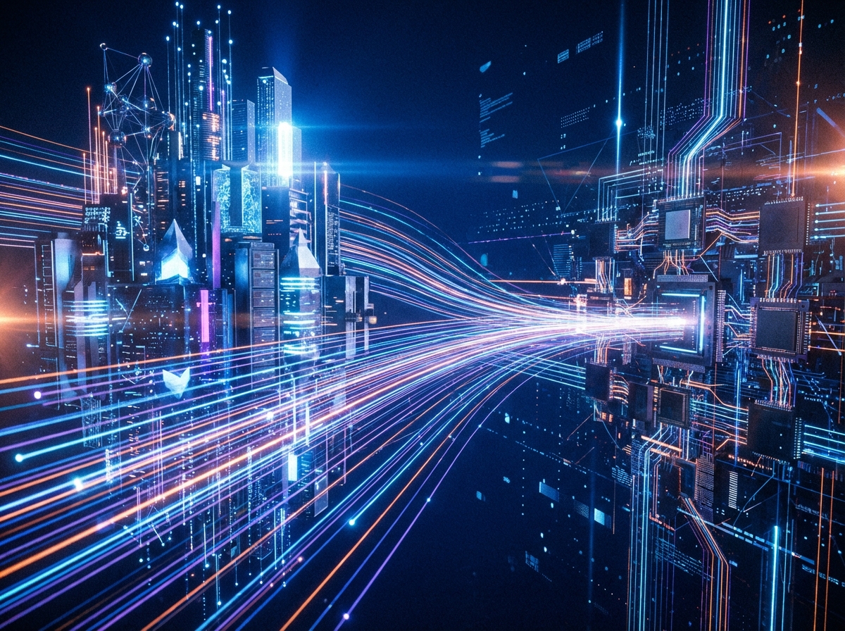 An abstract visualization of data streaming between two complex digital systems. Glowing lines of light connecting futuristic nodes and servers in a dark blue digital space. High contrast and cinematic lighting. 4:3