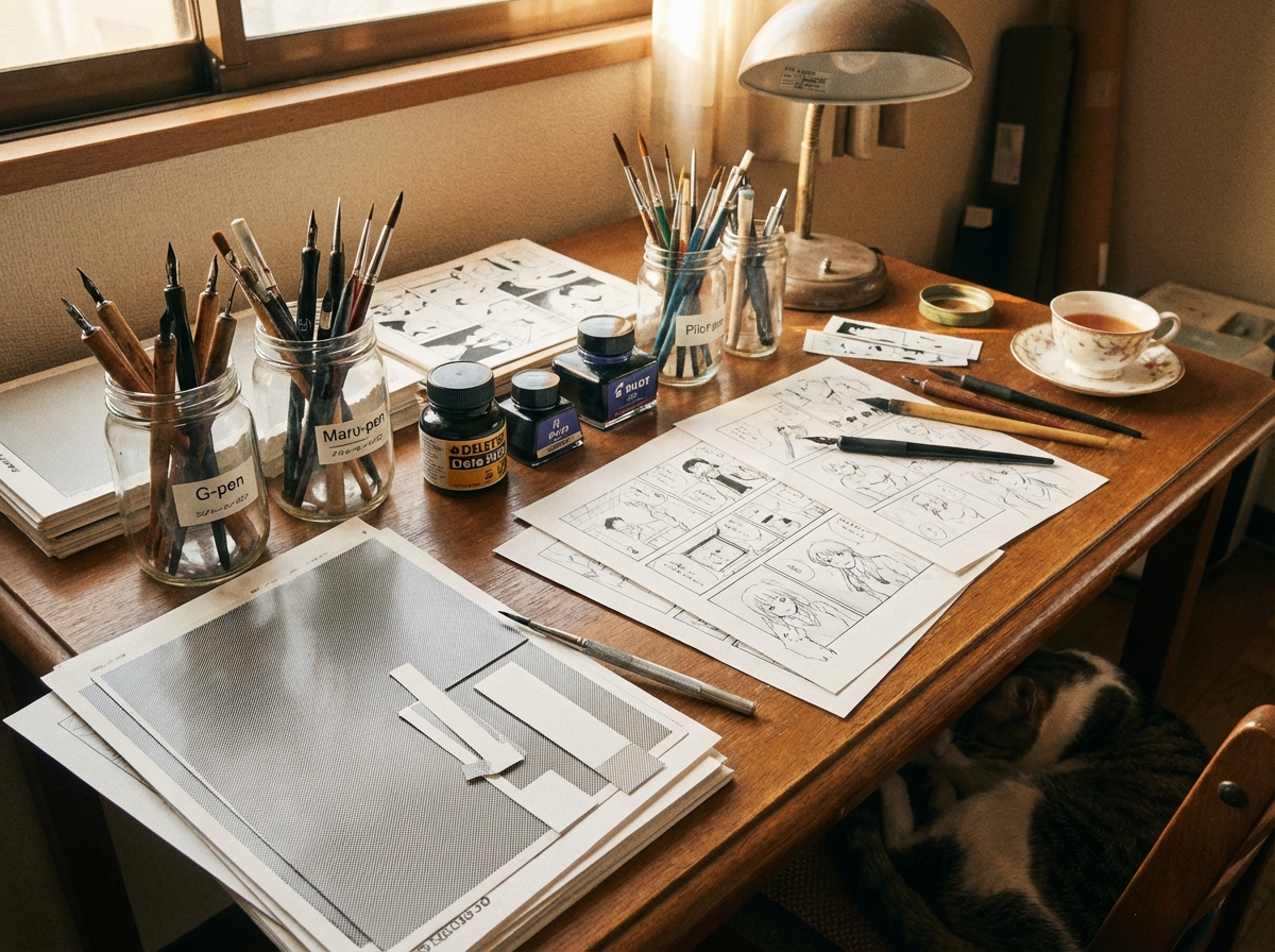 A classic manga artist's desk with dip pens, ink bottles, screentones, and rough sketches. Warm wooden desk, soft afternoon lighting, high quality photography, nostalgic and creative atmosphere. 4:3