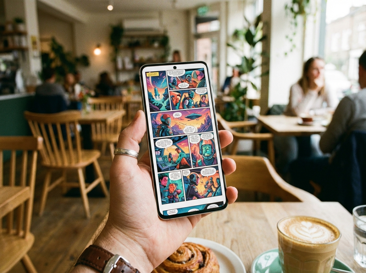 A person's hand holding a modern smartphone displaying a colorful digital comic layout. Bright, clean lifestyle photography, natural indoor lighting, cozy cafe background, 4:3