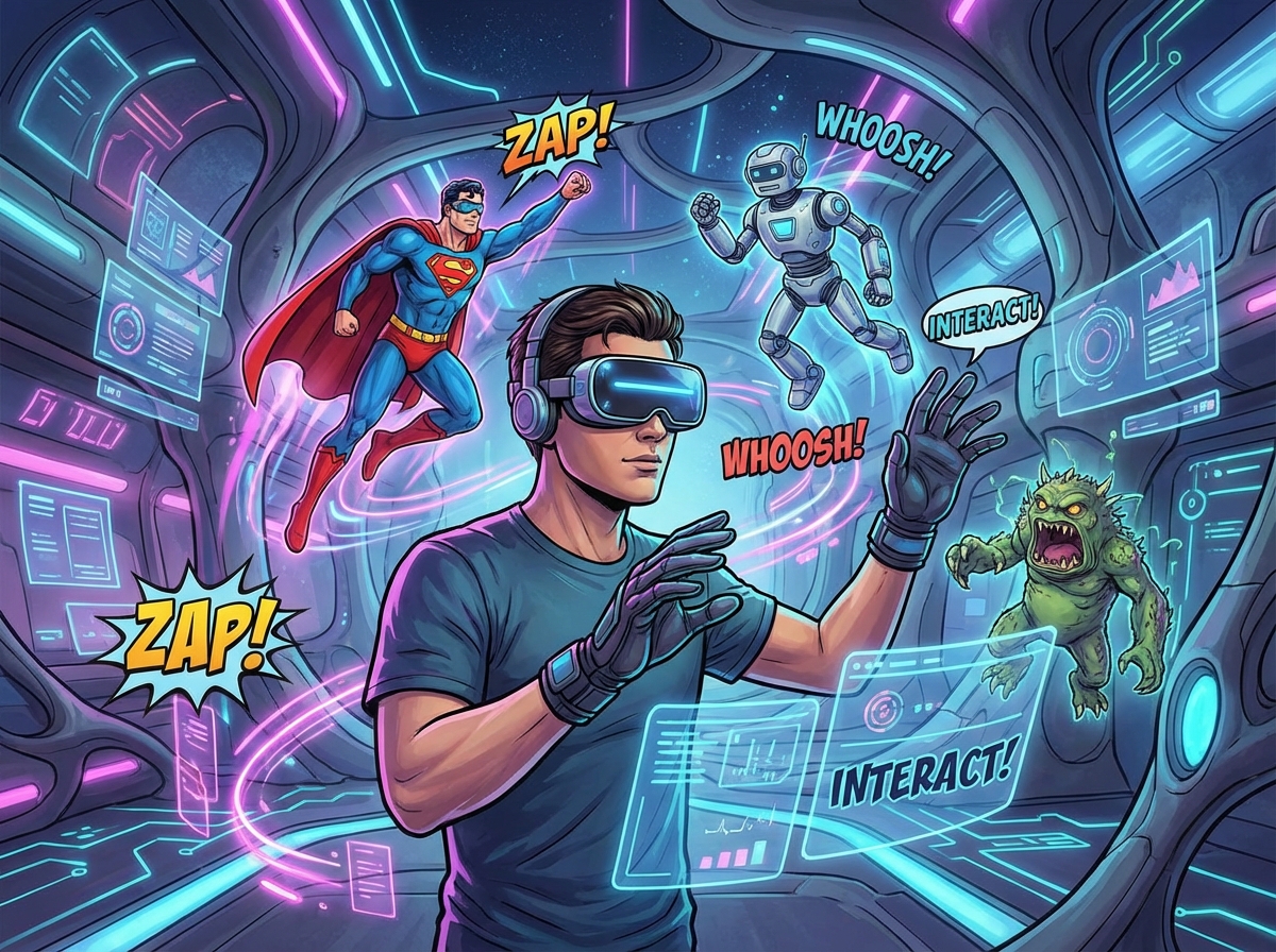 A futuristic digital environment where a person is interacting with 3D comic characters using VR goggles. Holographic panels, glowing neon accents, high-tech aesthetic, artistic rendering. 4:3