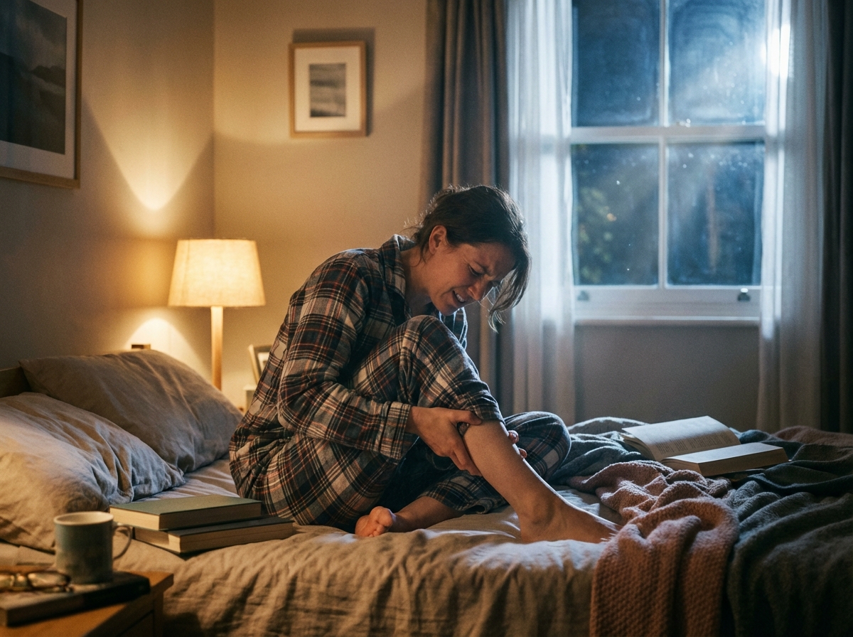 A person in pajamas sitting on a bed at night, holding their calf with a pained expression, dim cozy bedroom lighting, moonlight through the window, realistic style, 4:3