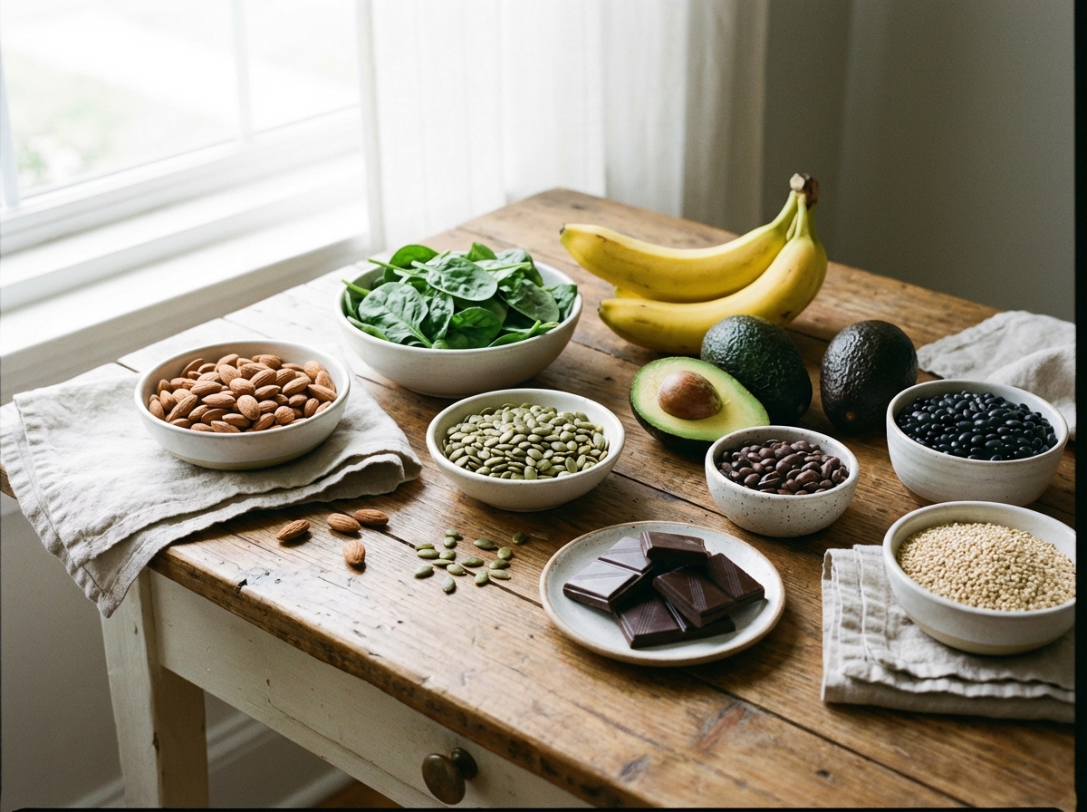 A variety of magnesium rich foods like almonds, spinach, and bananas on a wooden table, bright natural kitchen lighting, clean composition, 4:3
