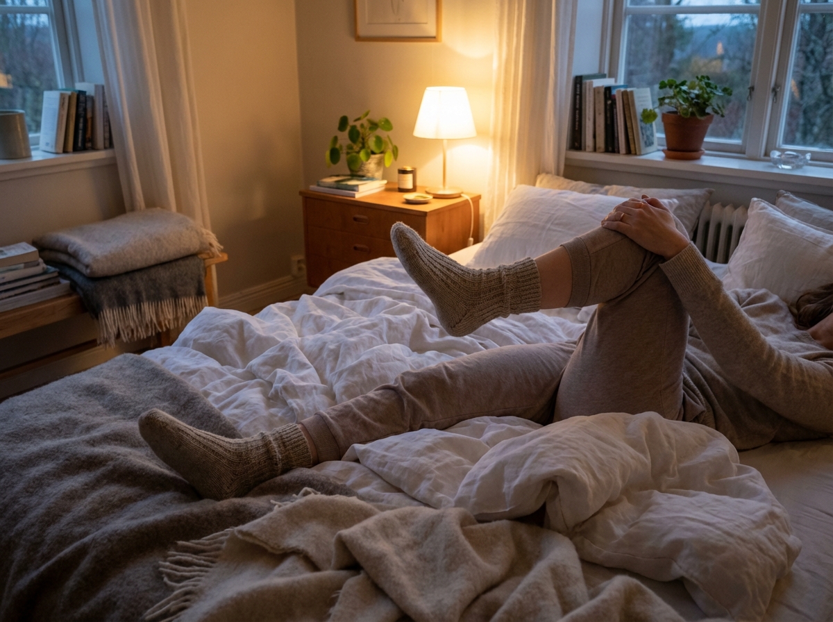A person doing gentle leg stretches on a cozy bed with white linens, soft bedroom atmosphere, warm lamp light, peaceful setting, 4:3
