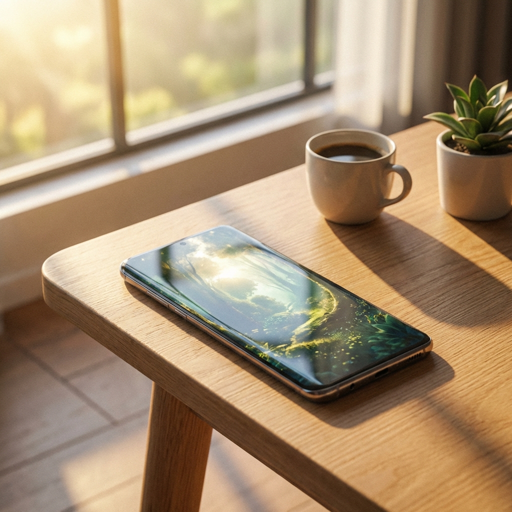A sleek and modern smartphone with a high-resolution infinity display resting on a minimalist wooden desk, soft morning sunlight through a window, photorealistic, 1:1