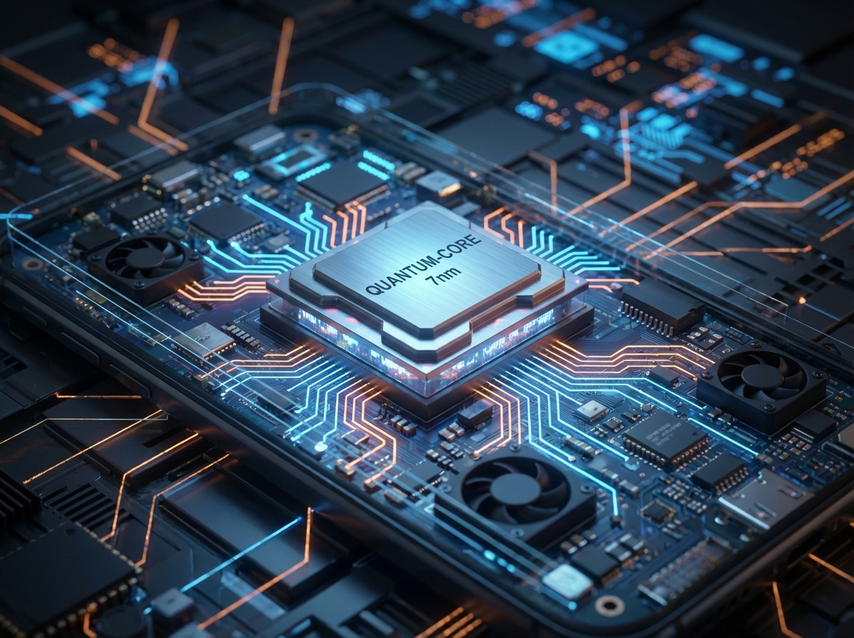 A close-up view of a high-tech smartphone motherboard and processor chips, glowing circuits, futuristic and technological atmosphere, 4:3