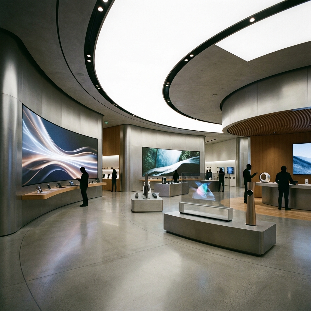 A wide angle view of a modern electronics retail store with futuristic displays, high-end atmosphere, bright and balanced lighting, no text, 1:1