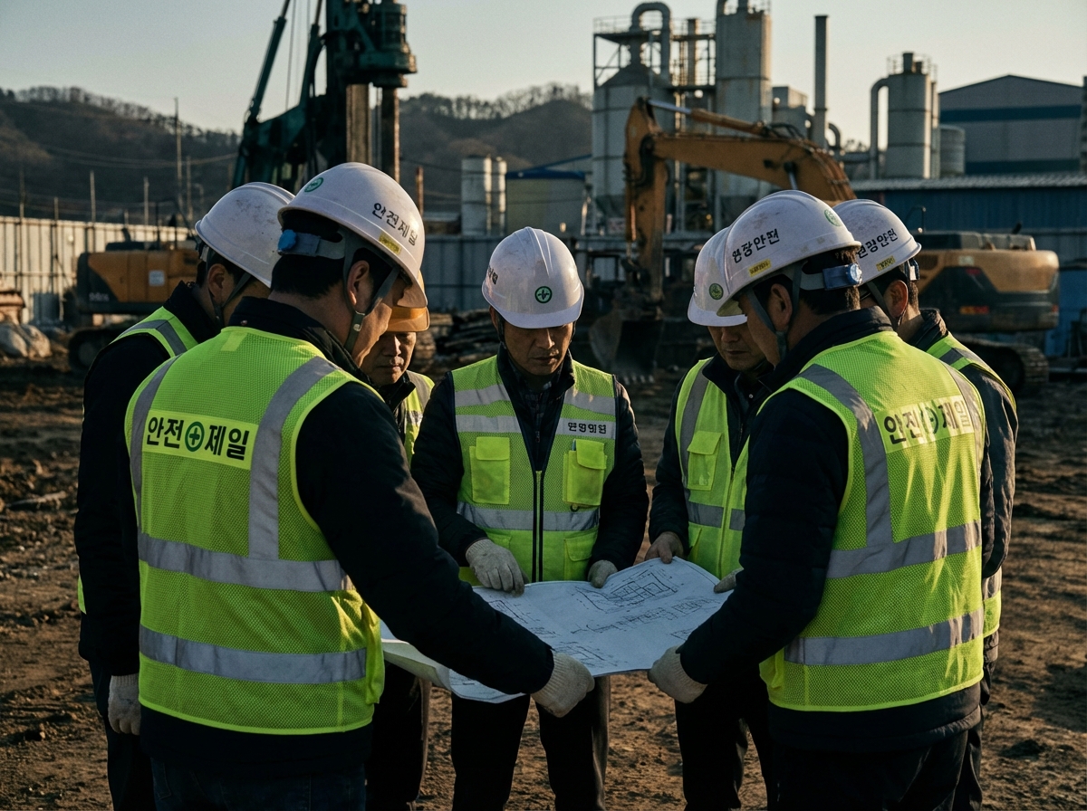 Professional Korean safety officers in high-visibility vests working together at a field site. High contrast and realistic cinematic lighting. 4:3
