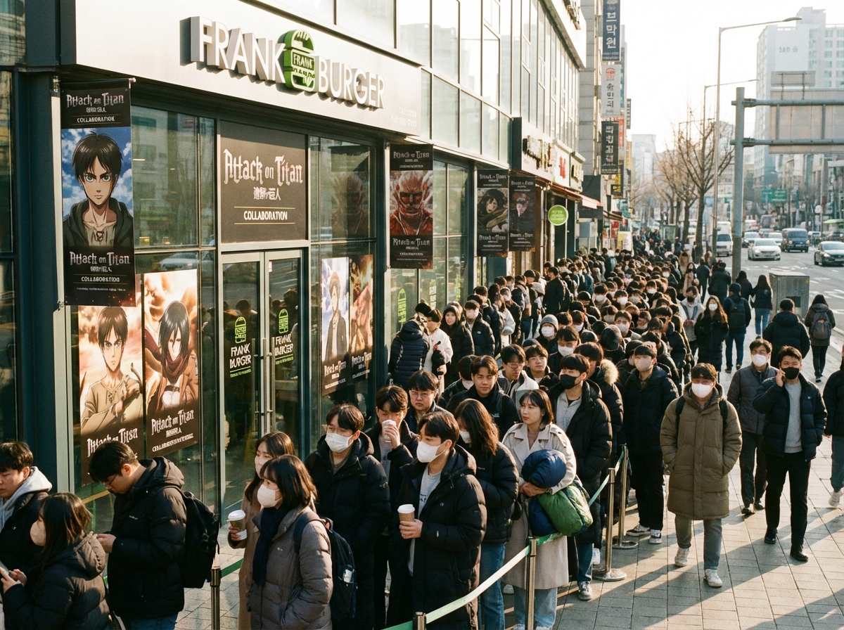 A crowded scene of people lining up early in the morning in front of a modern Frank Burger restaurant. The storefront is decorated with Attack on Titan collaboration posters. Realistic lifestyle photography, morning sunlight, natural street atmosphere. 4:3