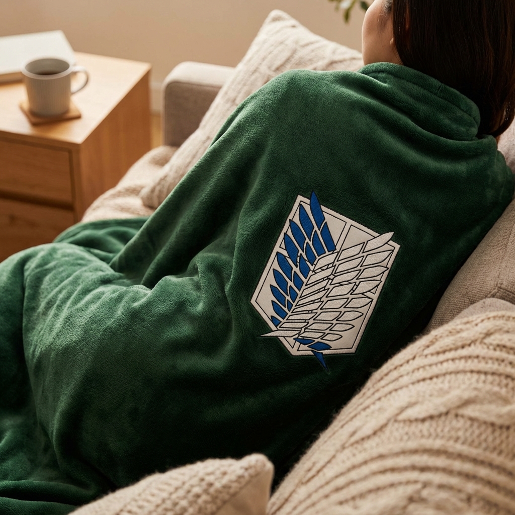A close up shot of a person wearing a dark green fleece blanket with a white and blue crest of wings on the back, resembling the Survey Corps from Attack on Titan. Soft texture, warm indoor lighting, lifestyle photography. 1:1
