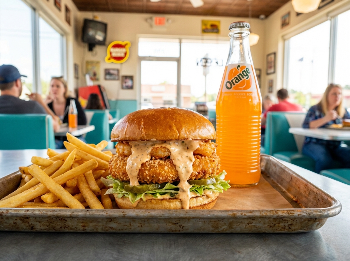 A delicious shrimp burger with crispy golden brown patties, lettuce, and sauce, served with French fries and a soda on a tray inside a burger shop. High quality food photography, bright lighting, vibrant colors. 4:3