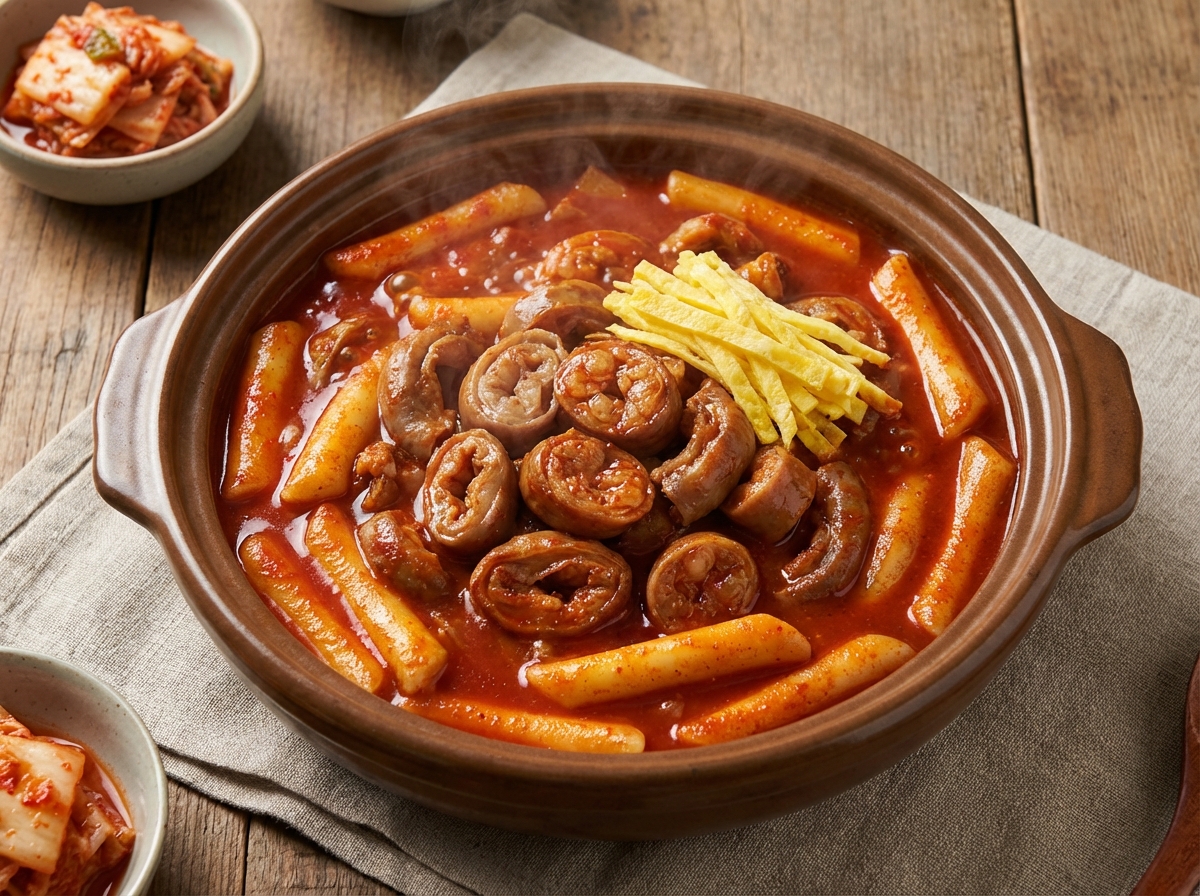 A steaming pot of Korean spicy Mara Tteokbokki with thick beef intestines and yellow egg garnish on top, vibrant red sauce, gourmet food photography, bright lighting, wooden table background, 4:3