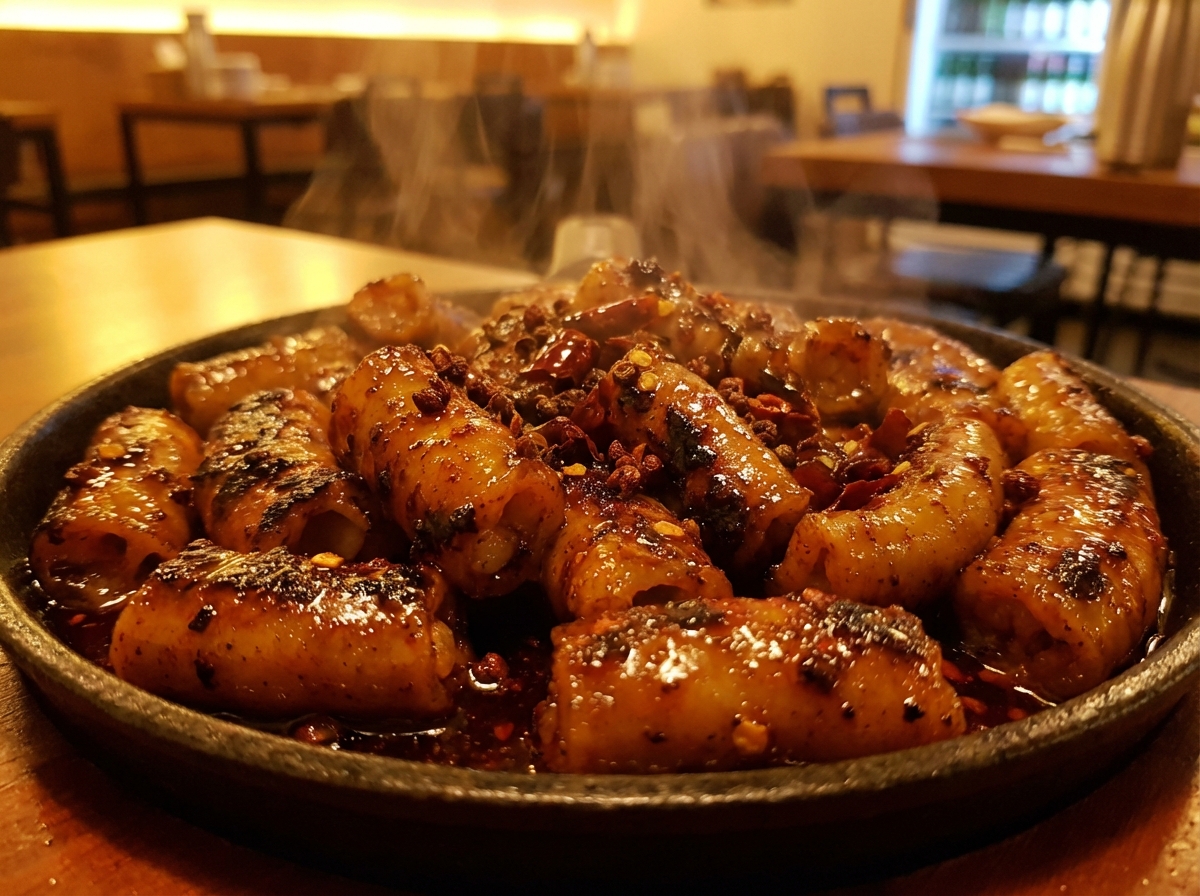 Close up of glistening grilled beef intestines coated in spicy red mala sauce, steam rising, high quality food shot, warm indoor lighting, 4:3