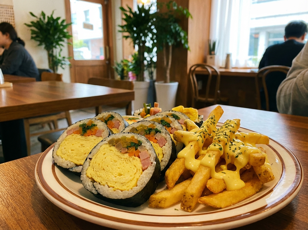 A plate of Korean thick egg-filled kimbap and crispy french fries with creamy yellow sauce on top, cozy restaurant interior, natural lighting, 4:3