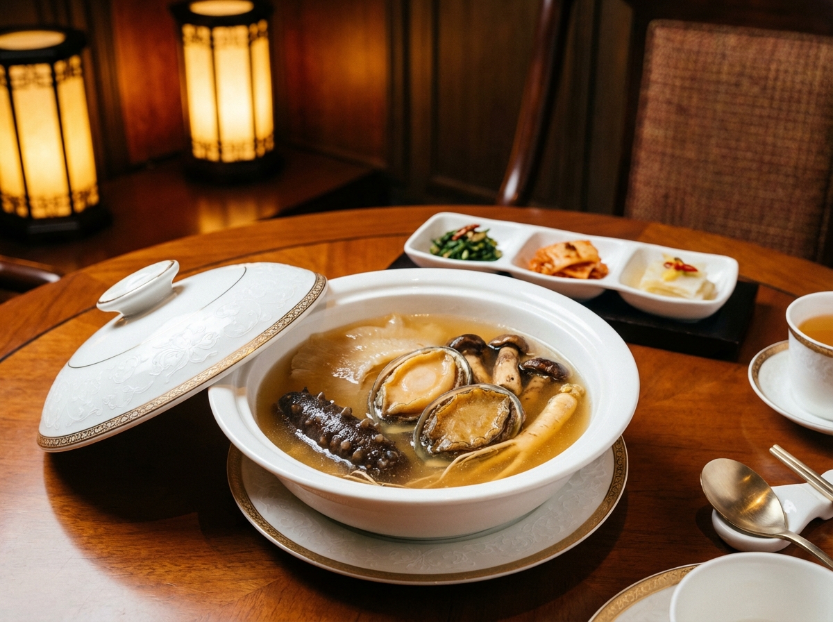 A luxurious Korean fine dining Chinese soup called Buldojang served in a traditional white porcelain bowl with a lid. The soup contains premium ingredients like abalone, sea cucumber, and pine mushrooms in a clear, golden broth. Set on a wooden table in a high-end restaurant with warm lighting. 4:3