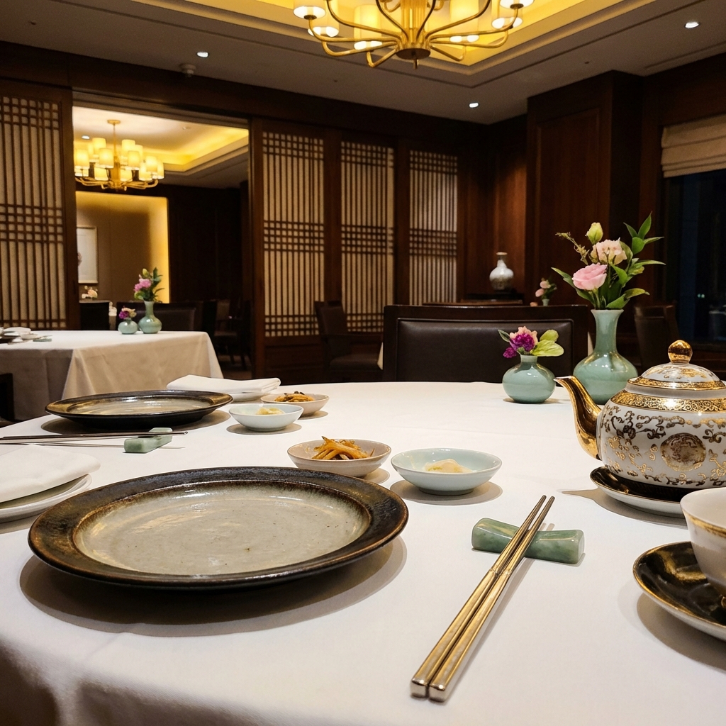 Elegant table setting at a luxury Chinese restaurant in Korea. White tablecloth, premium ceramic plates, silver chopsticks, and a teapot. Fine dining atmosphere with Shilla Hotel style interior. 1:1
