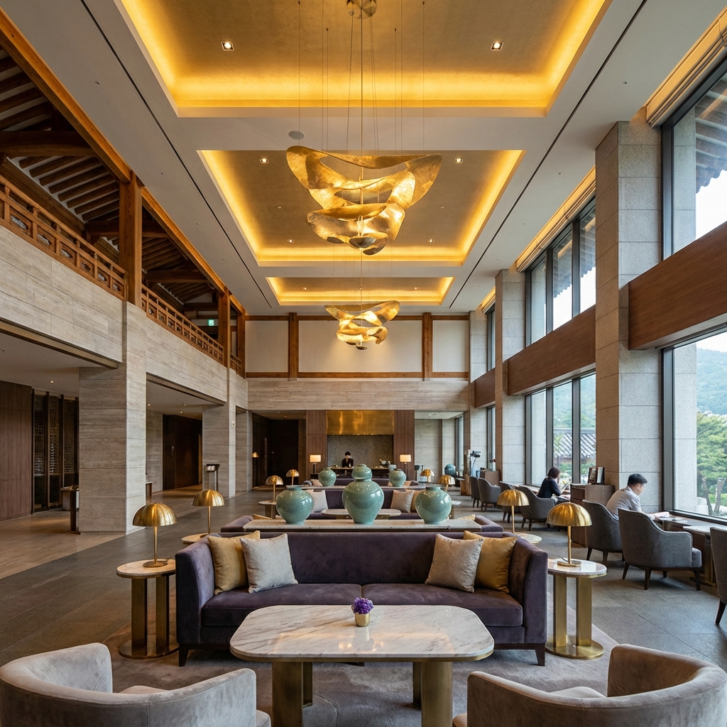 Modern and sophisticated interior of Shilla Hotel Seoul. High ceilings, warm golden lighting, traditional Korean aesthetic combined with modern luxury. Calm and quiet atmosphere. 1:1