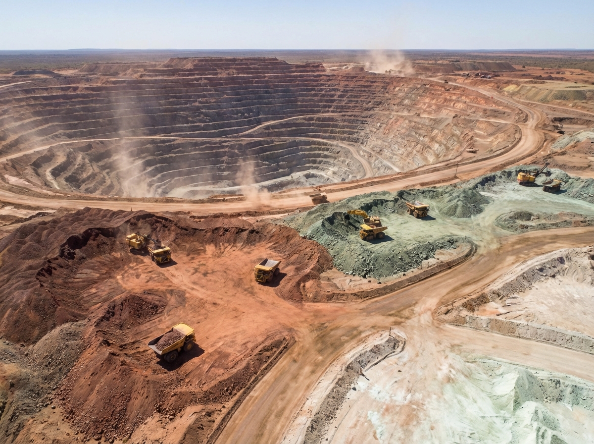 High-quality realistic photography of an open-pit lithium mine with heavy machinery and raw mineral ores like copper and nickel, 4:3
