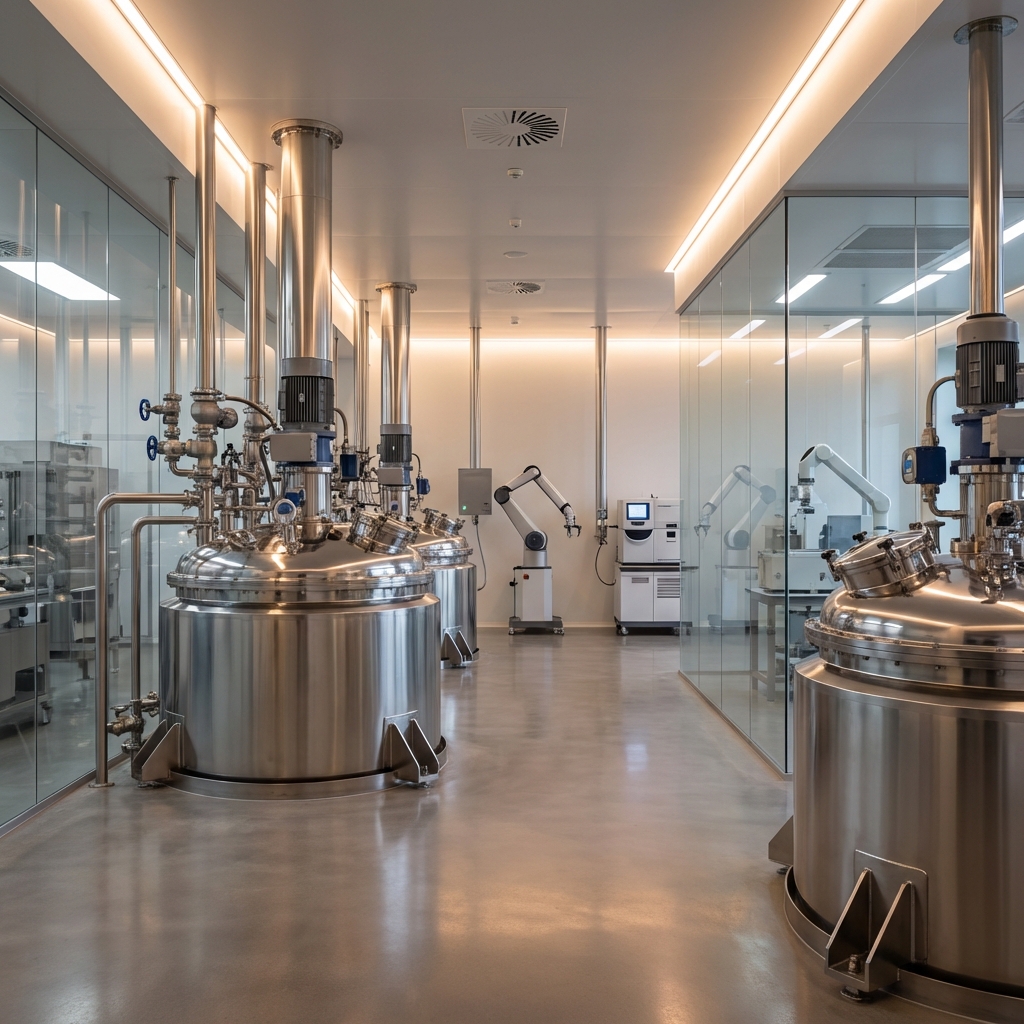Interior of a high-end chemical manufacturing facility focusing on precision equipment and stainless steel reactors. Soft warm lighting highlights the clean and advanced industrial environment. No text or people, realistic photography style, 1:1.