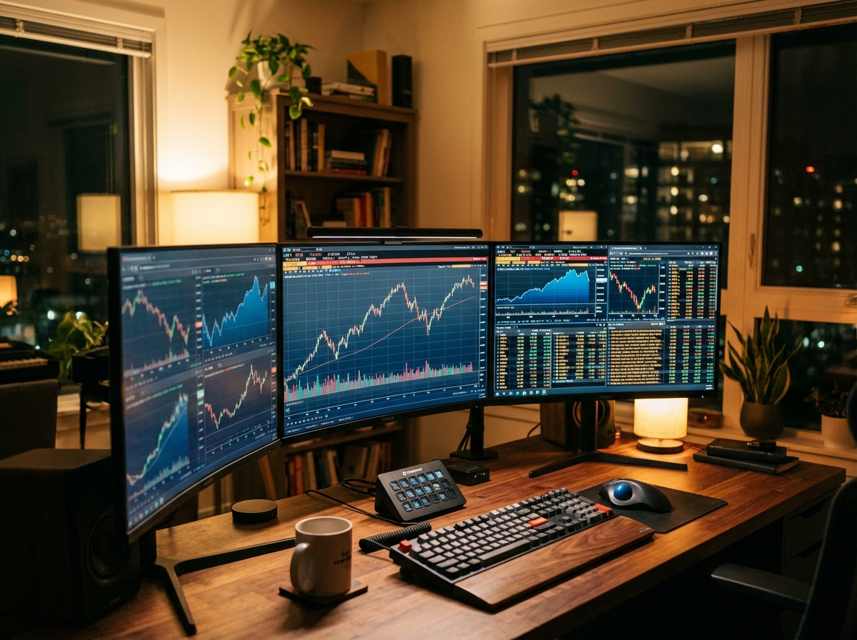 A close-up view of a professional trading station with multiple screens showing stock price trends and candlestick charts. The environment is a modern home office with warm ambient lighting. Realistic and focused composition, 4:3.
