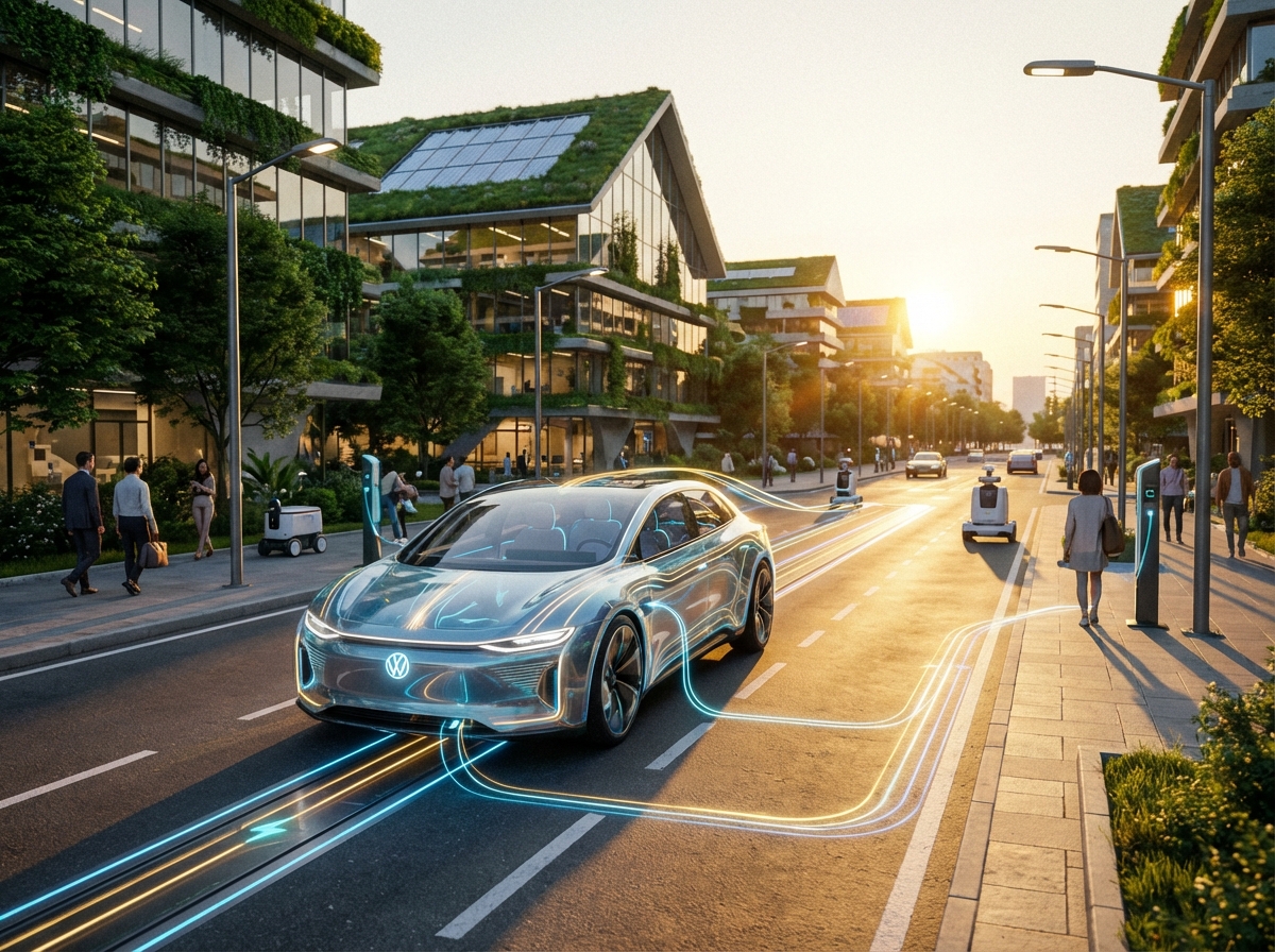 A futuristic electric vehicle driving through a modern smart city at sunset. Subtle energy flow graphics connect the car to the infrastructure. Detailed composition with warm lighting, 4:3.