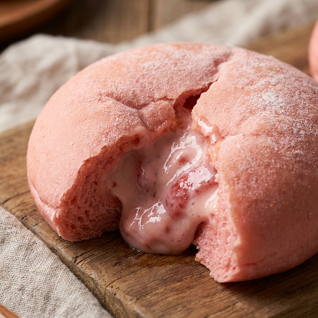 Close-up shot of a round pink chewy bread filled with creamy strawberry cheese filling oozing out from the center. Realistic texture, soft lighting, focus on the glossy cream. 1:1