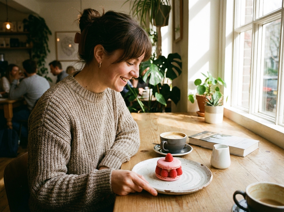 A person at a cozy cafe table looking at a pink pastry on a white ceramic plate. The atmosphere is relaxed with a cup of coffee nearby. Natural sunlight streaming through a window. 4:3