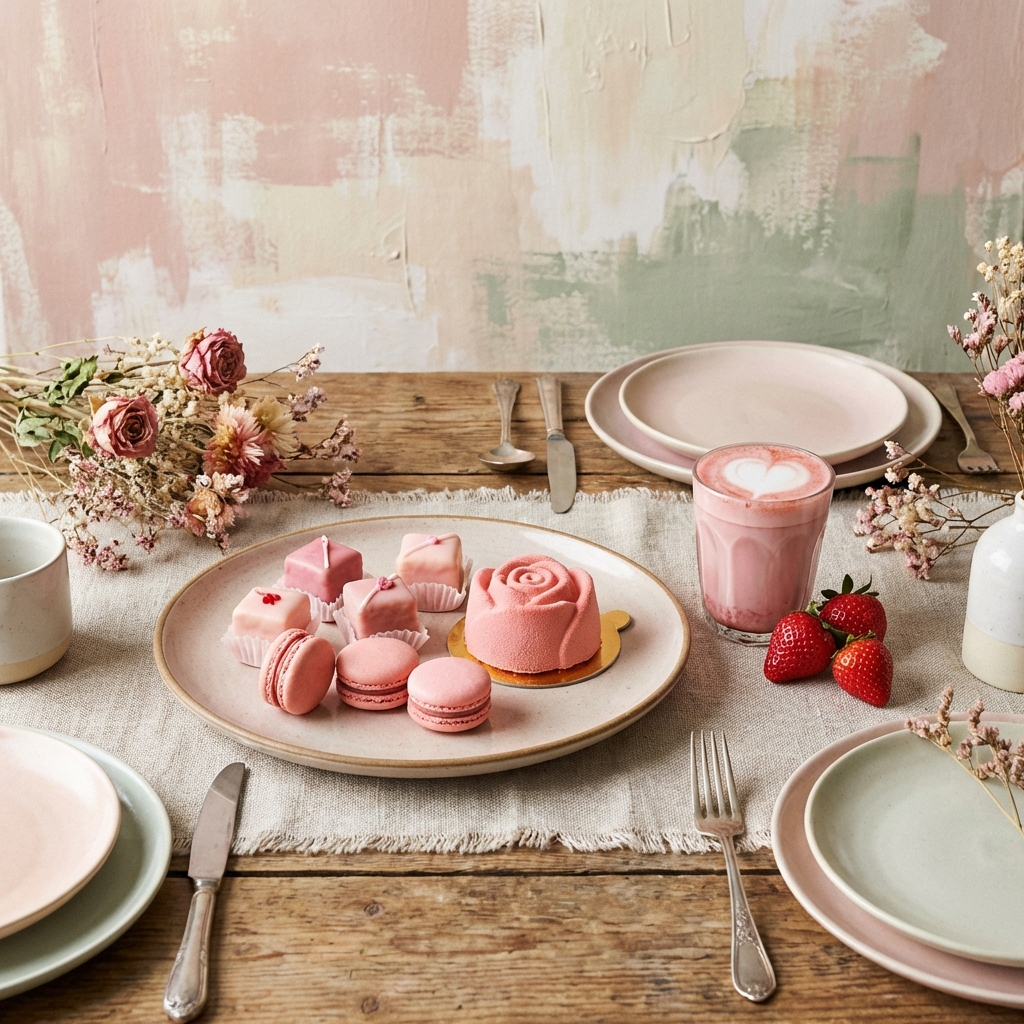 A beautiful table setting with pink desserts and a strawberry latte. Artistic composition with textured background and soft pastel colors. Professional food styling. 1:1