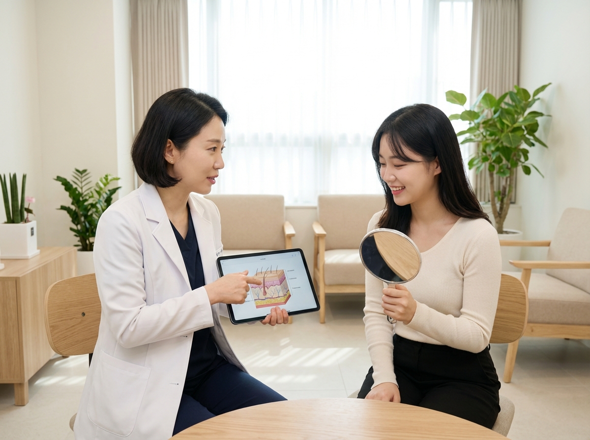 A professional and warm consultation scene in a modern aesthetic clinic. A Korean doctor is explaining skin structure to a young Korean woman who is looking at a mirror. The lighting is soft and bright, creating a trustworthy atmosphere. 4:3