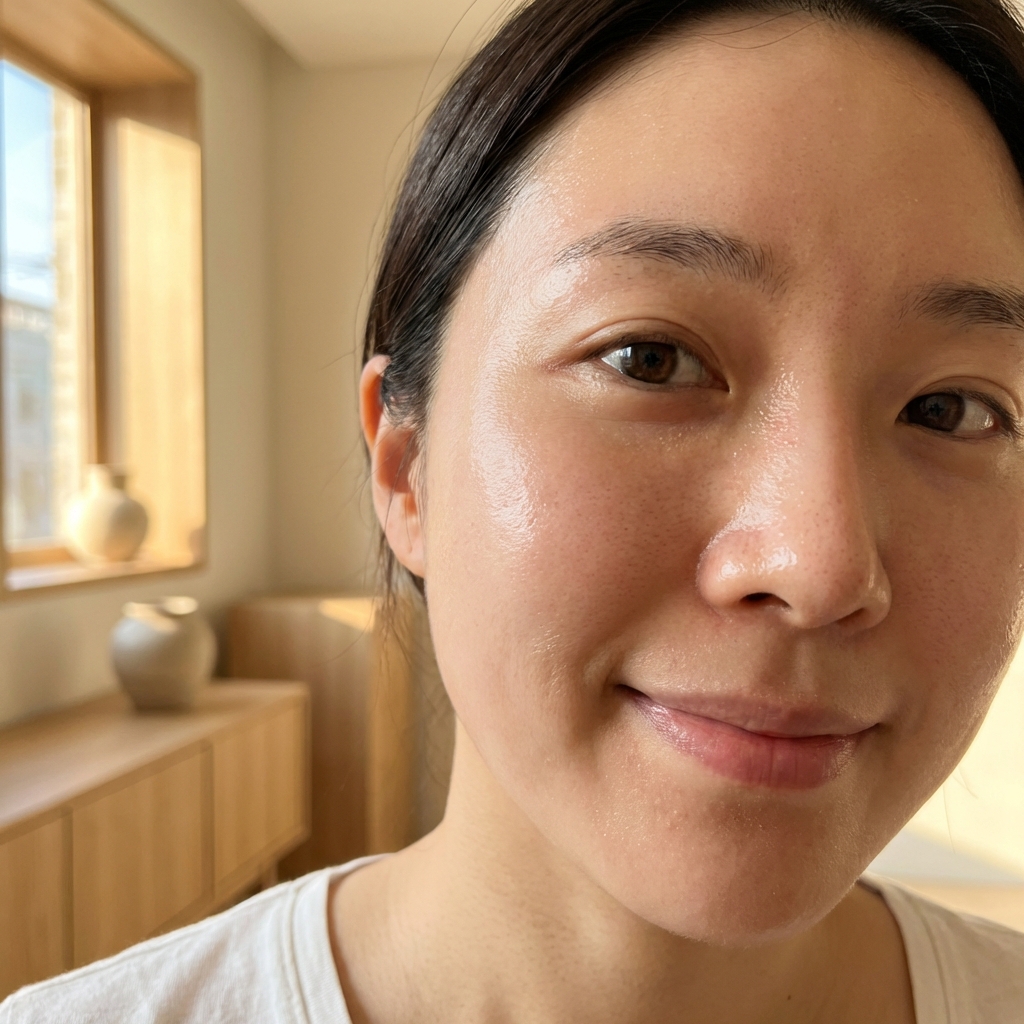 Close-up shot of a Korean woman with radiant, healthy, and voluminous skin. She is smiling gently. The background is a clean, minimalist interior with warm sunlight. High quality, realistic skin texture. 1:1